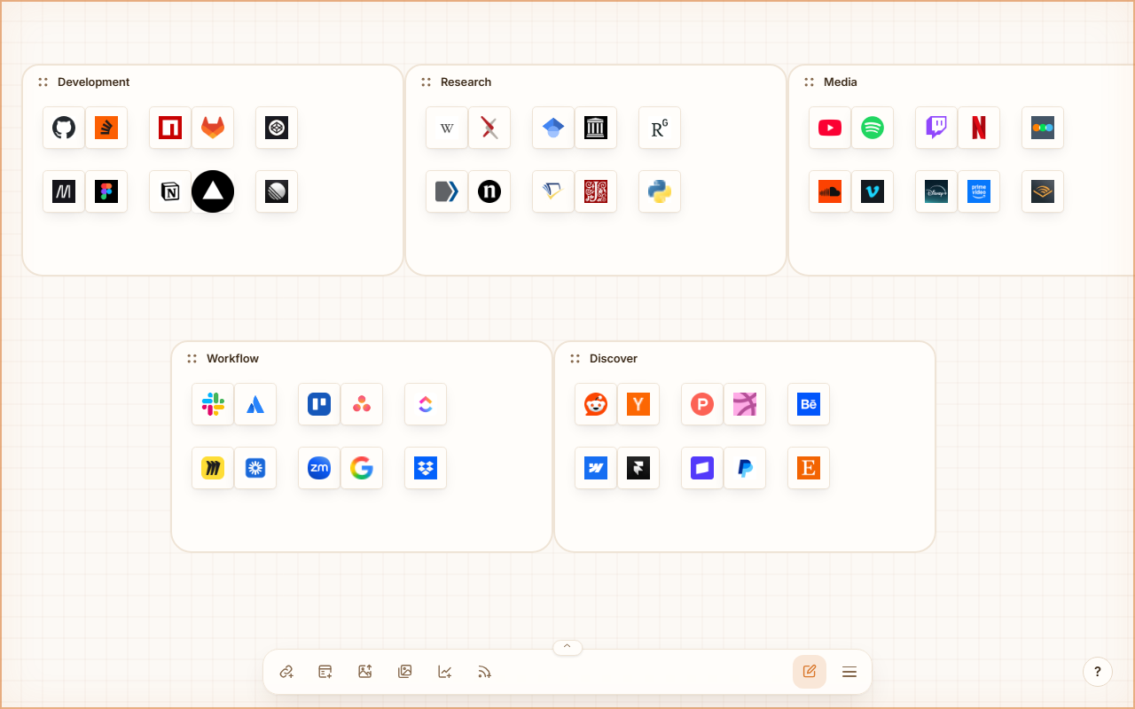Linkhaven canvas with five groups of link cards